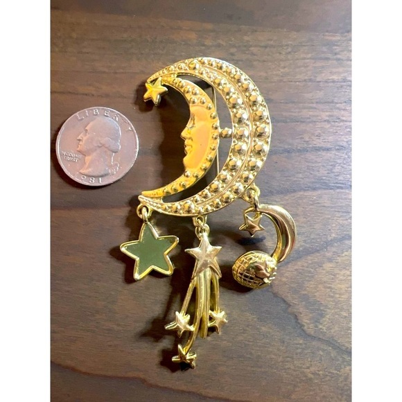 Man in the Moon Crescent Shape Dangling Stars Comet Earth Brooch Pin Gold Tone - Picture 3 of 8